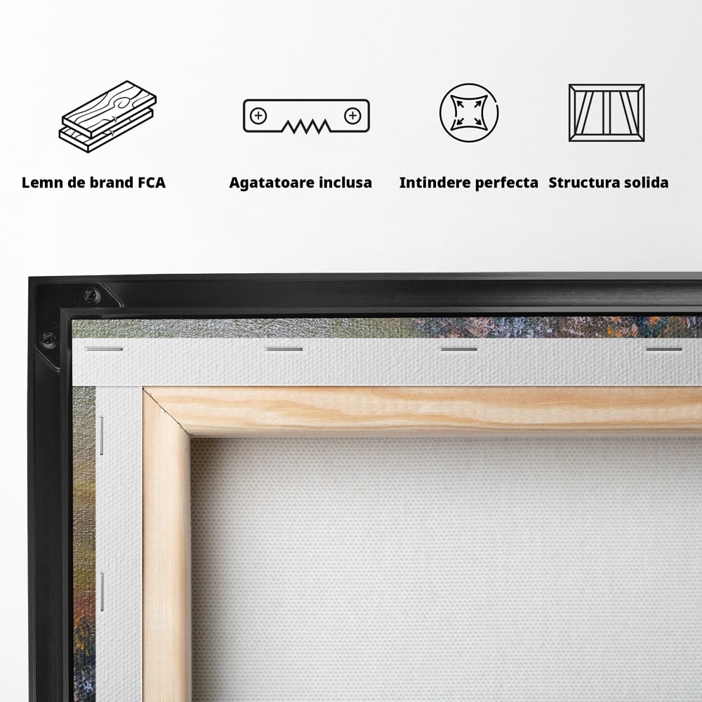 Spatele produsului, cu sasiu din lemn, capse metalice si agatatoare