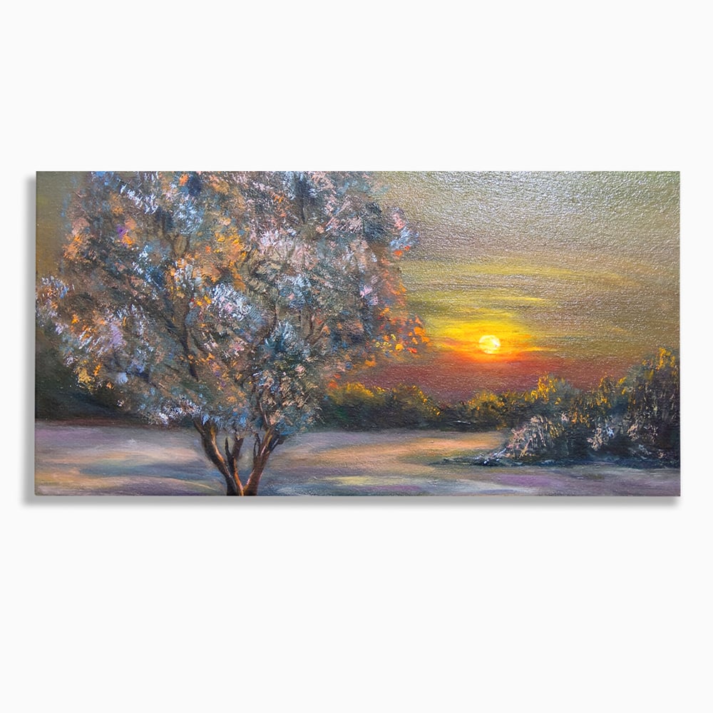 Tablou canvas cu pictura peisaj cu copac si apus, fara rama, pe sasiu de lemn
