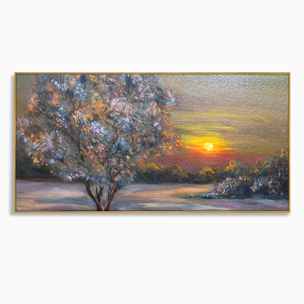 Tablou canvas cu pictura peisaj cu copac si apus, in rama de aluminiu auriu