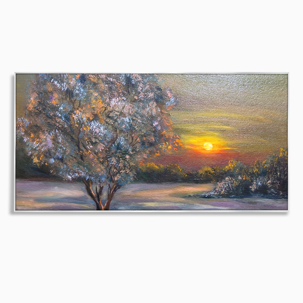 Tablou canvas cu pictura peisaj cu copac si apus, in rama de aluminiu argintiu