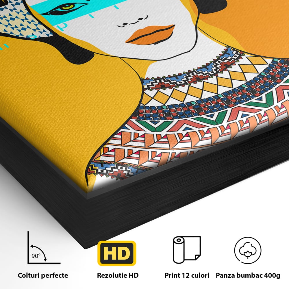 Detaliu al suprafetei: ilustratie digitala cu femeie africana, in rama de aluminiu negru