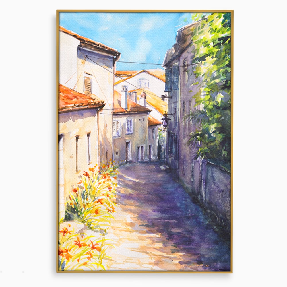 Tablou canvas cu pictura acuarela straduta insorita, in rama de aluminiu auriu