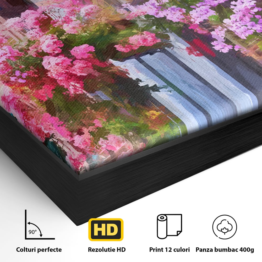 Detaliu al suprafetei: pictura cu balcon plin de flori roz, in rama de aluminiu negru
