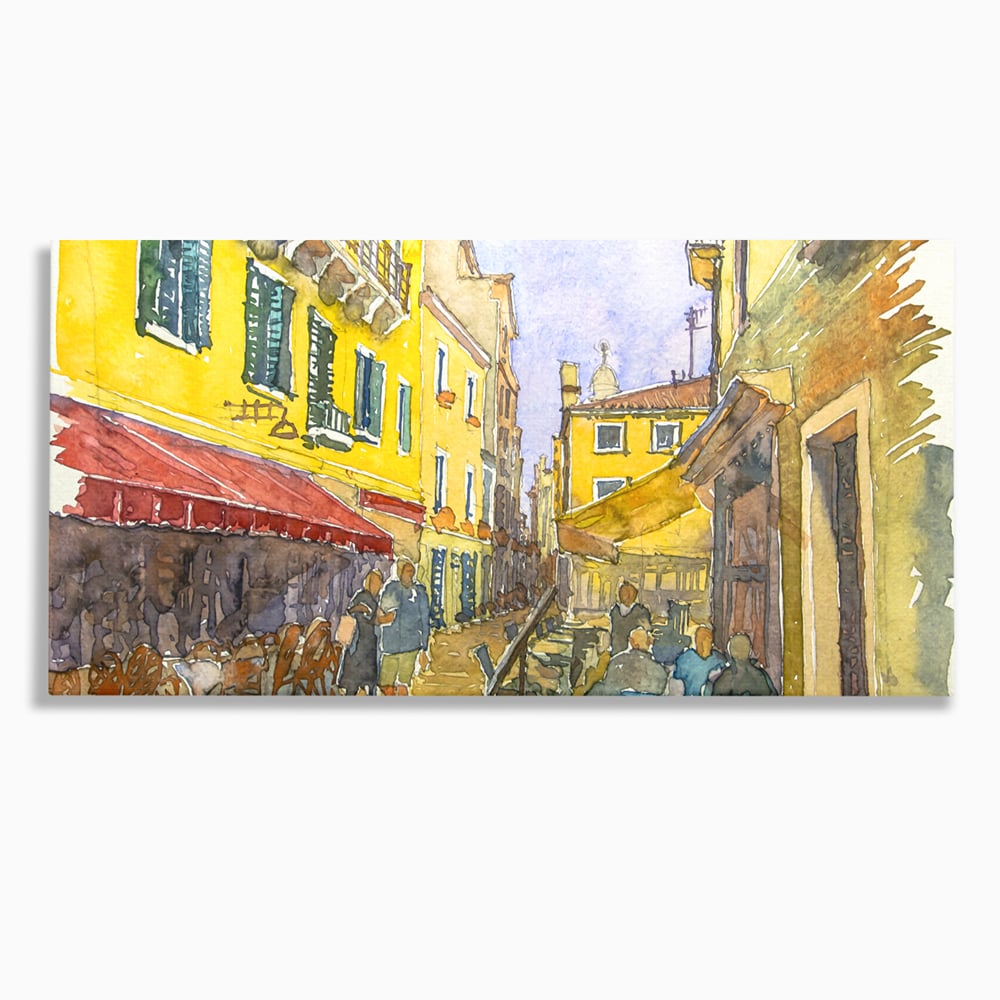 Tablou canvas cu pictura acuarela strada cu terase, fara rama, pe sasiu de lemn