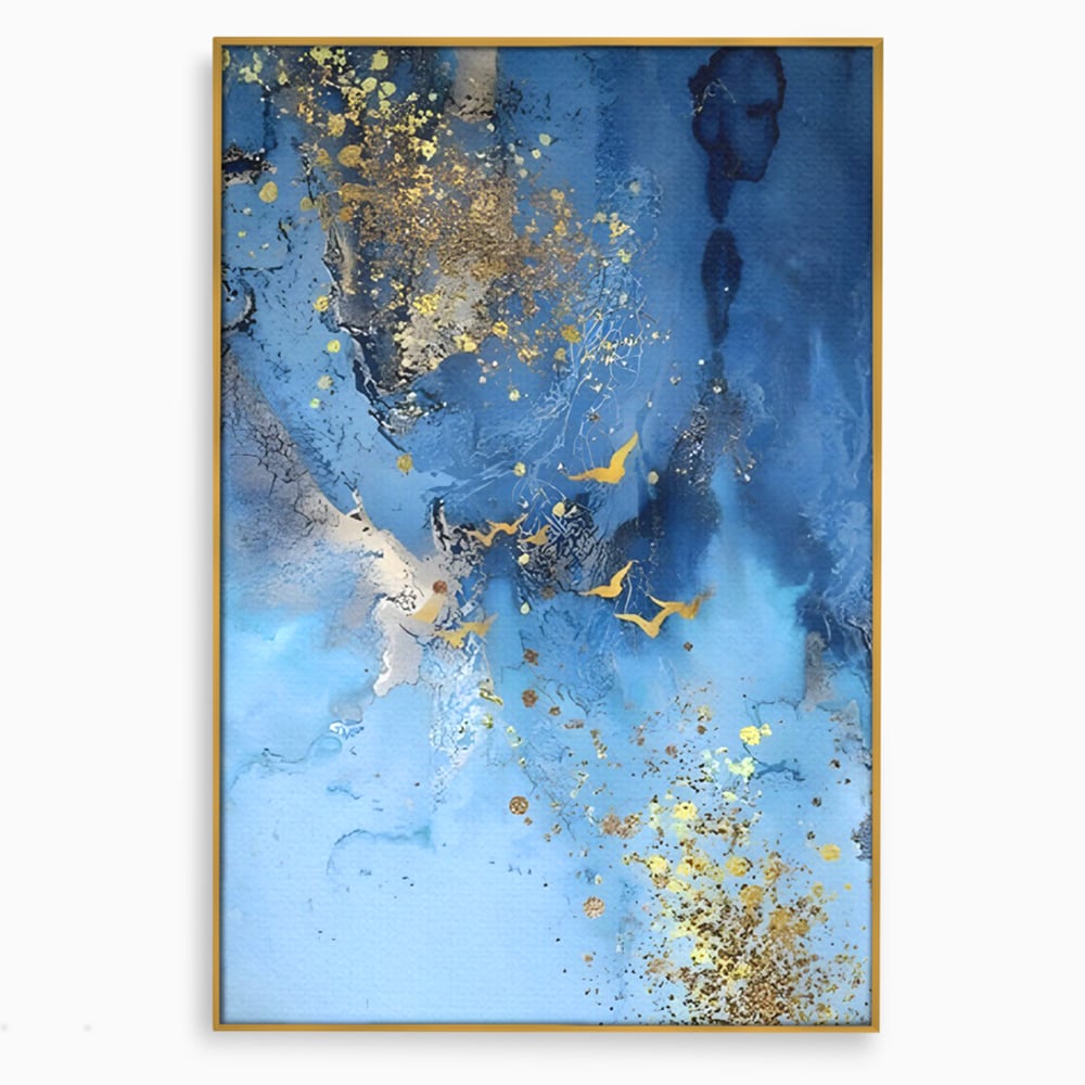 Tablou canvas cu tablou abstract cu pasari aurii, in rama de aluminiu auriu