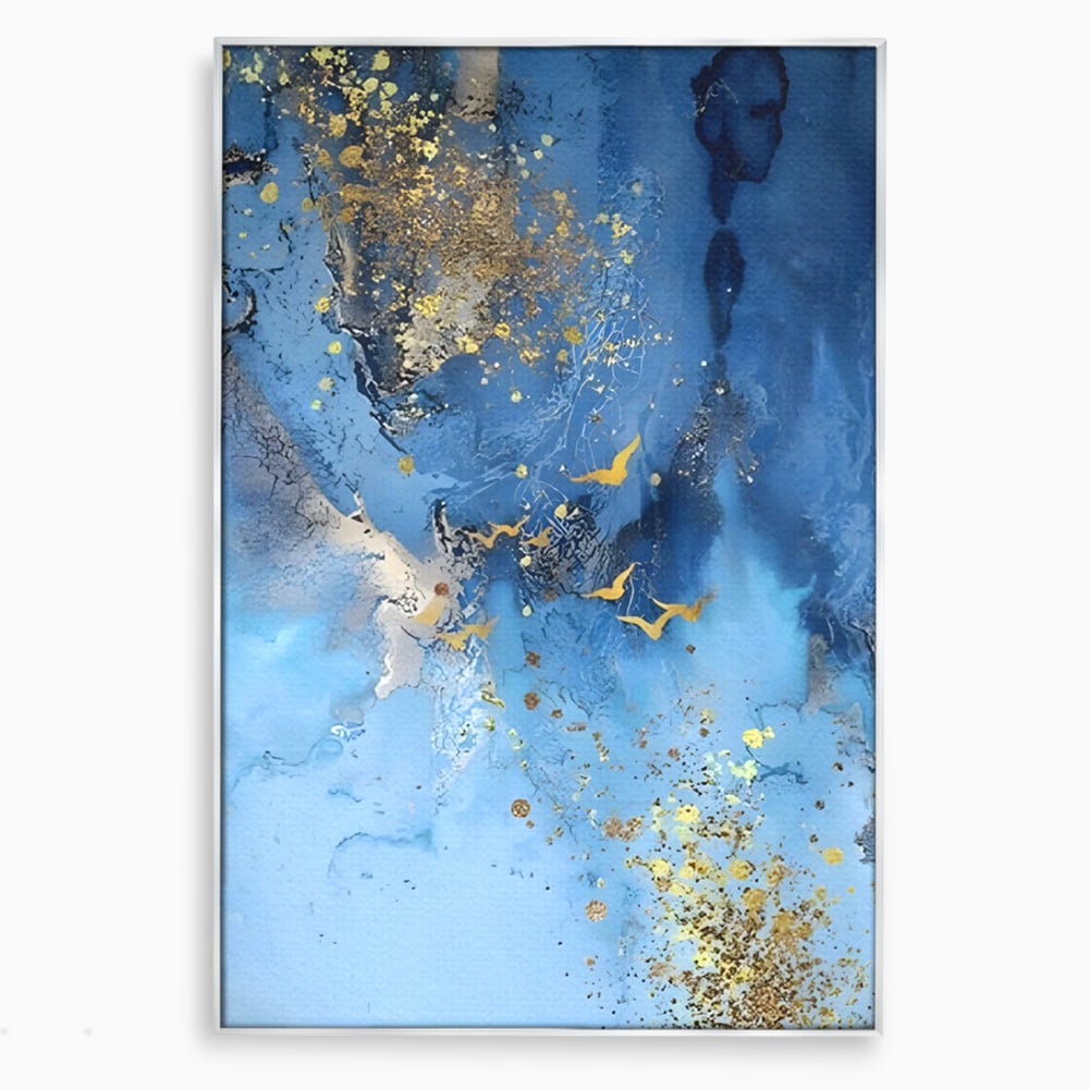 Tablou canvas cu tablou abstract cu pasari aurii, in rama de aluminiu argintiu