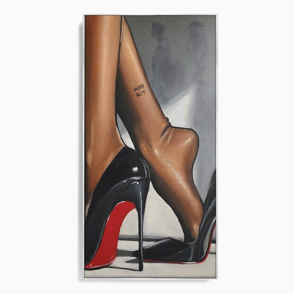 Tablou canvas cu ilustratie cu picioare si pantofi eleganti, in rama de aluminiu argintiu