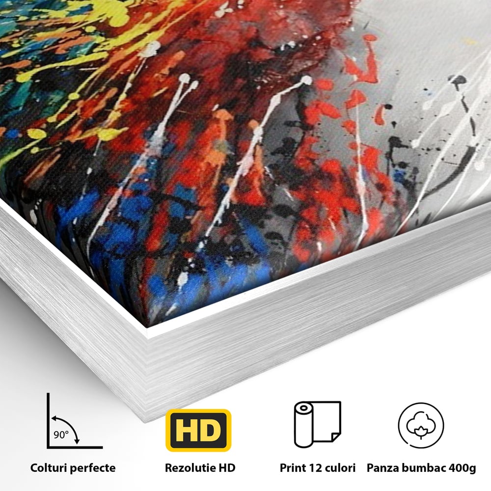 Detaliu al suprafetei: tablou canvas cu papagal colorat, in rama de aluminiu argintiu