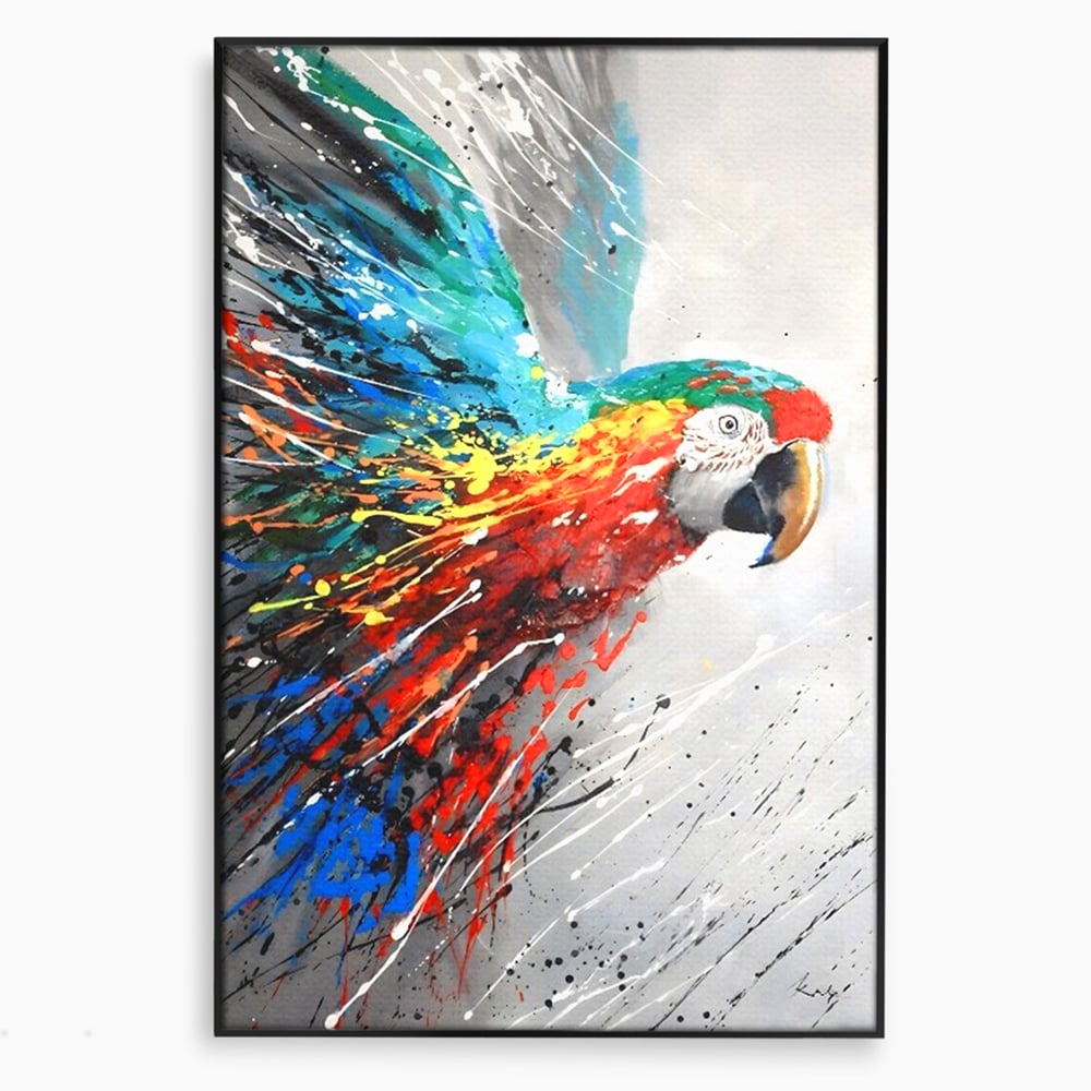Tablou canvas cu tablou canvas cu papagal colorat, in rama de aluminiu negru