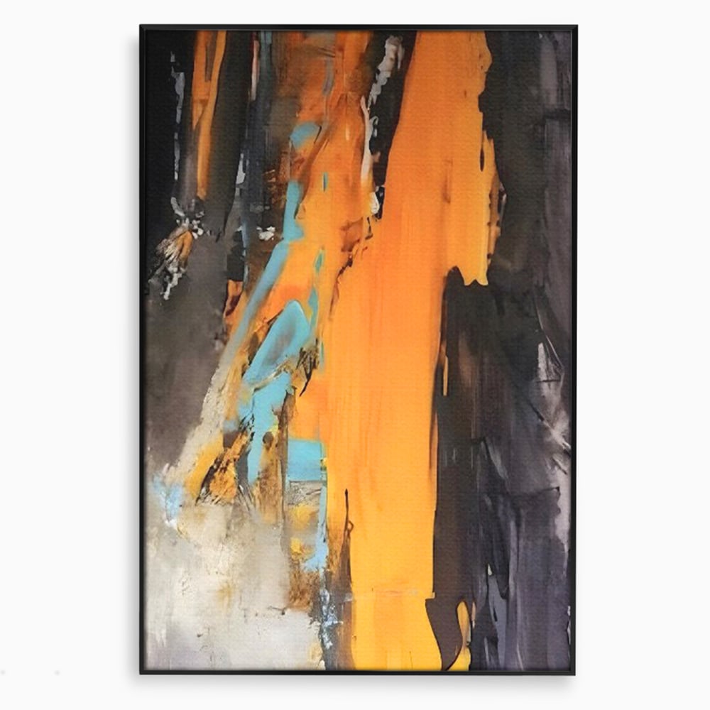Tablou canvas cu pictura abstracta cu pete portocalii, in rama de aluminiu negru