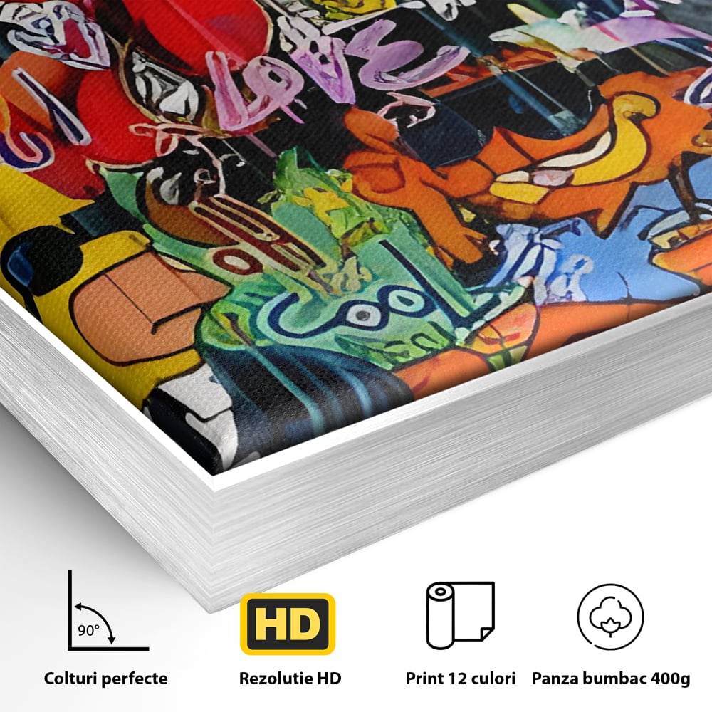 Detaliu al suprafetei: tablou canvas cu personaje din desene animate si graffiti, in rama de aluminiu argintiu