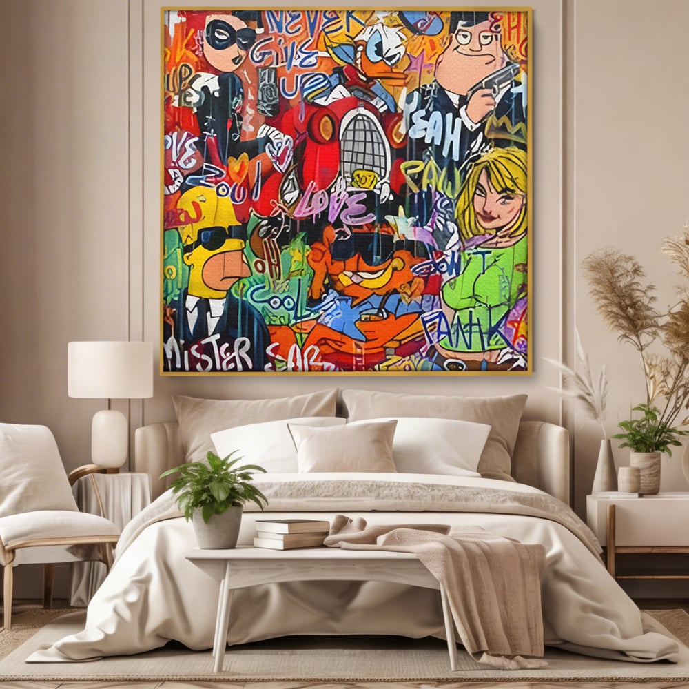 Tablou canvas cu tablou canvas cu personaje din desene animate si graffiti, in rama de aluminiu auriu, pe perete intr-un dormitor