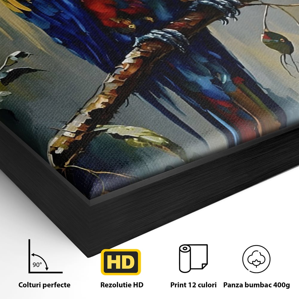 Detaliu al suprafetei: tablou canvas cu papagal colorat, in rama de aluminiu negru