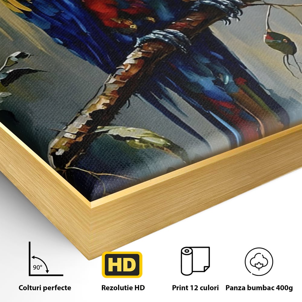 Detaliu al suprafetei: tablou canvas cu papagal colorat, in rama de aluminiu auriu