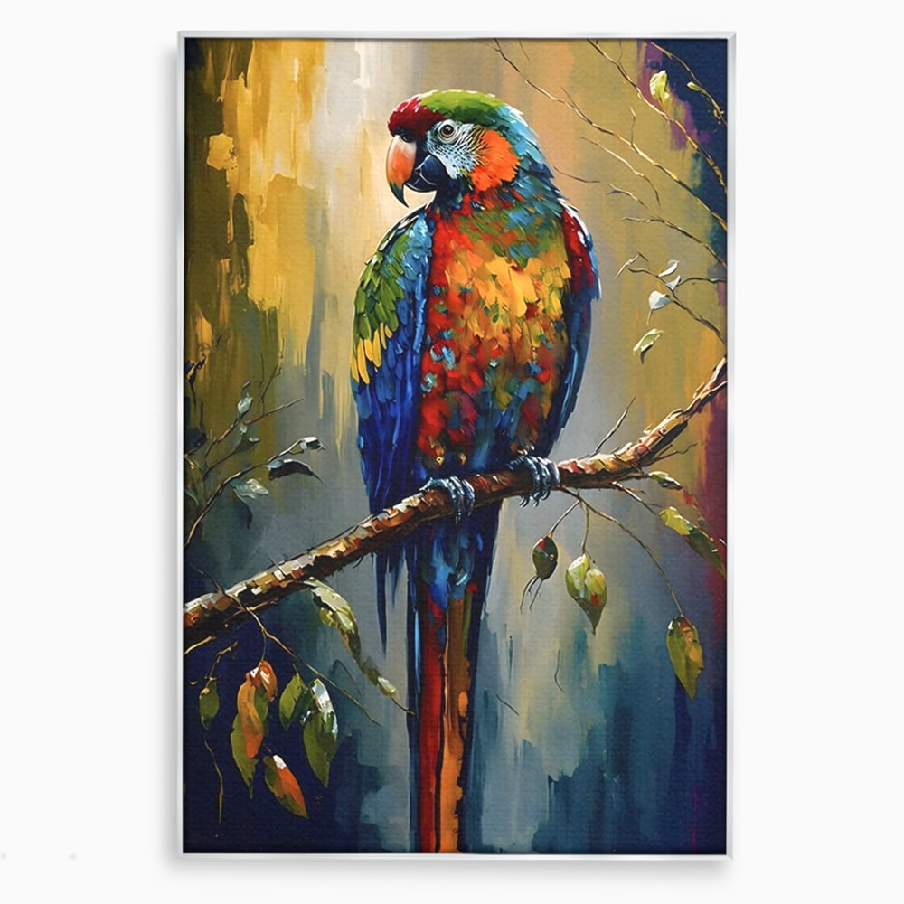 Tablou canvas cu tablou canvas cu papagal colorat, in rama de aluminiu argintiu