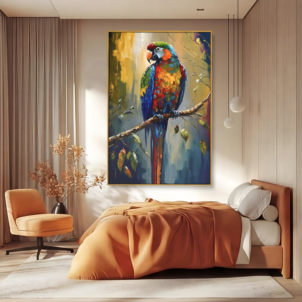 Tablou canvas cu tablou canvas cu papagal colorat, in rama de aluminiu auriu, pe perete intr-un dormitor