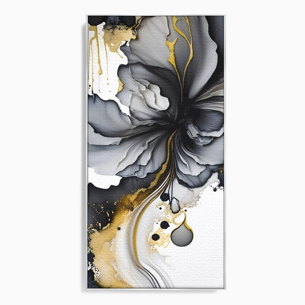 Tablou canvas cu tablou abstract cu floare neagra si accente aurii, in rama de aluminiu argintiu