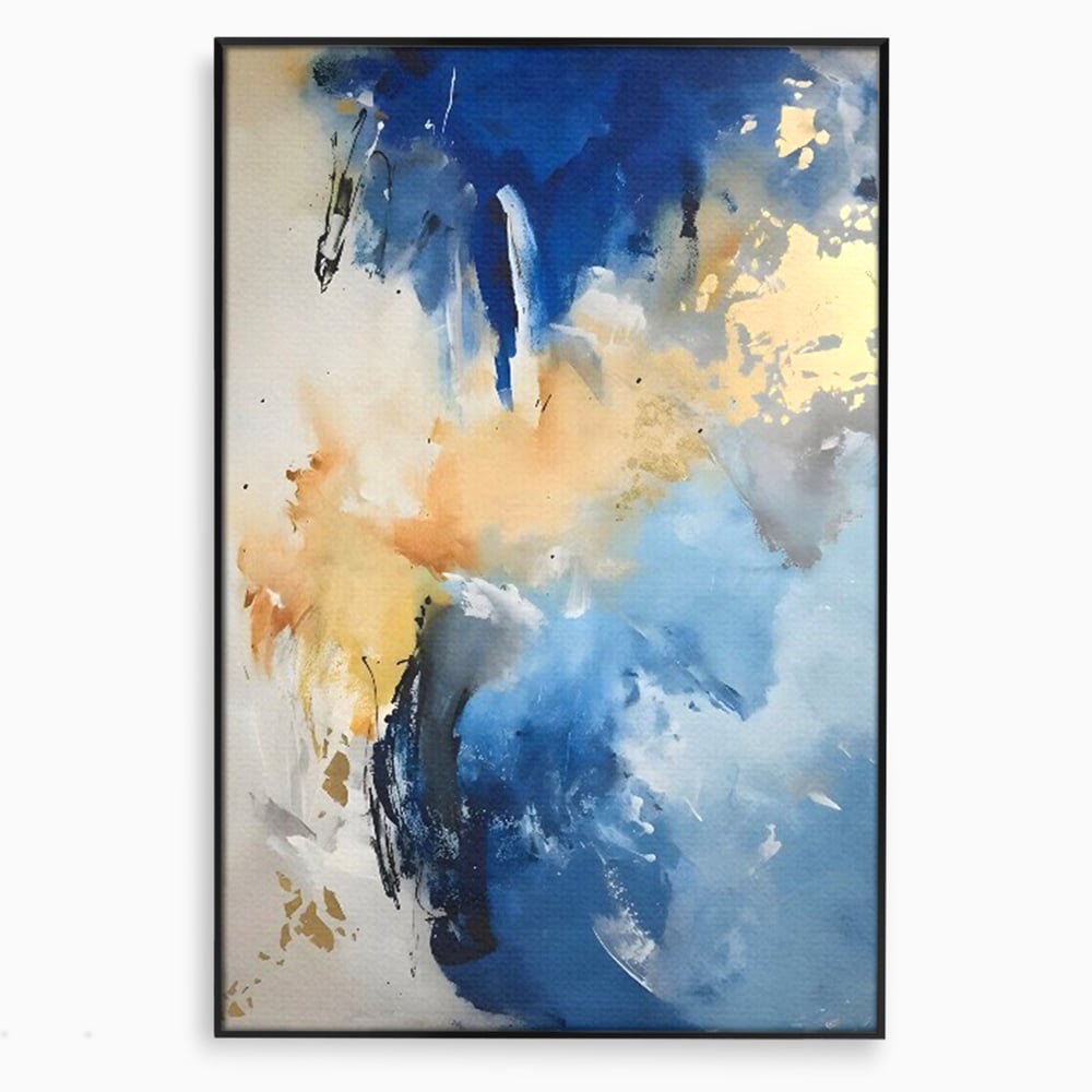 Tablou canvas cu pictura abstracta cu pete albastre si aurii, in rama de aluminiu negru