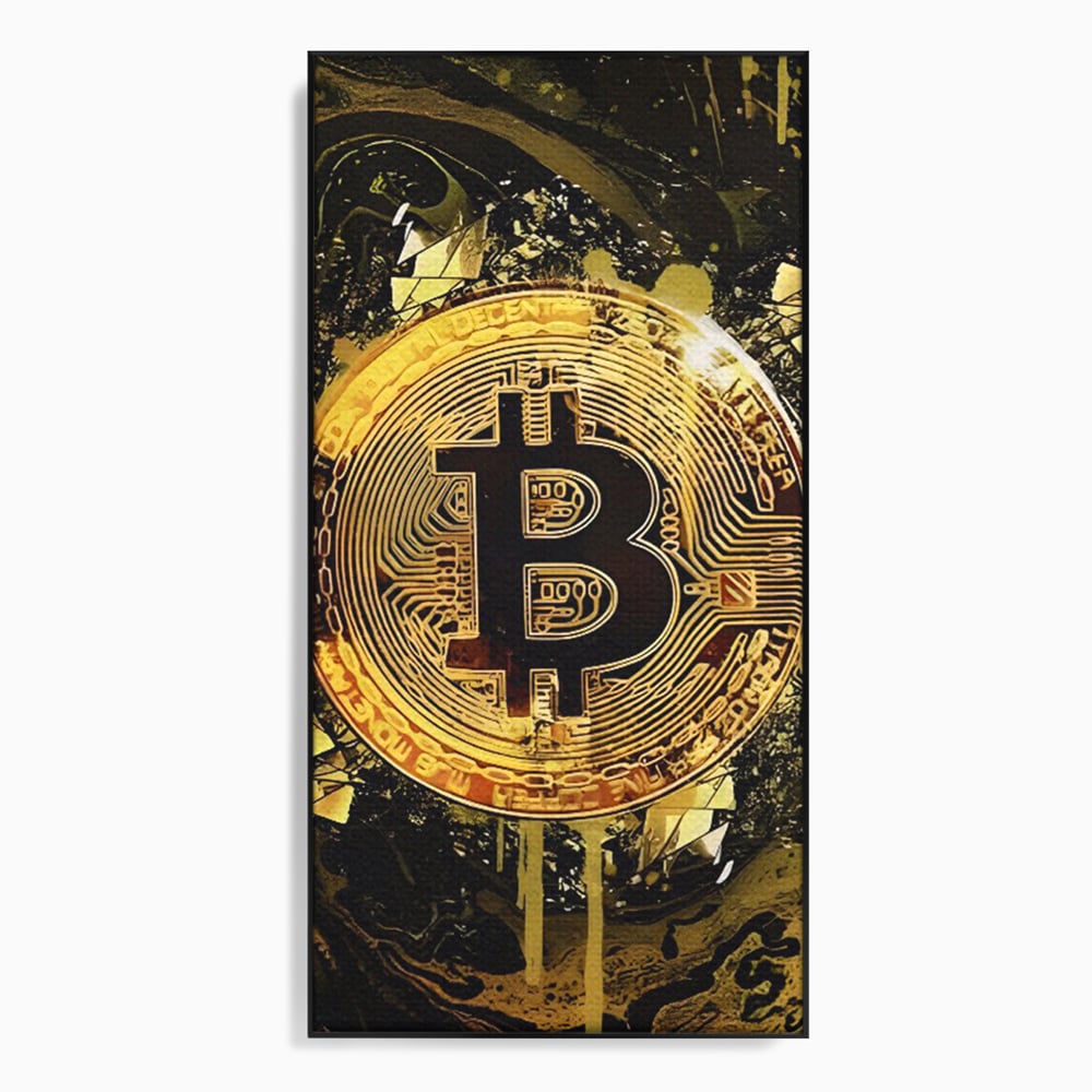 Tablou canvas cu tablou digital cu moneda bitcoin aurie, in rama de aluminiu negru