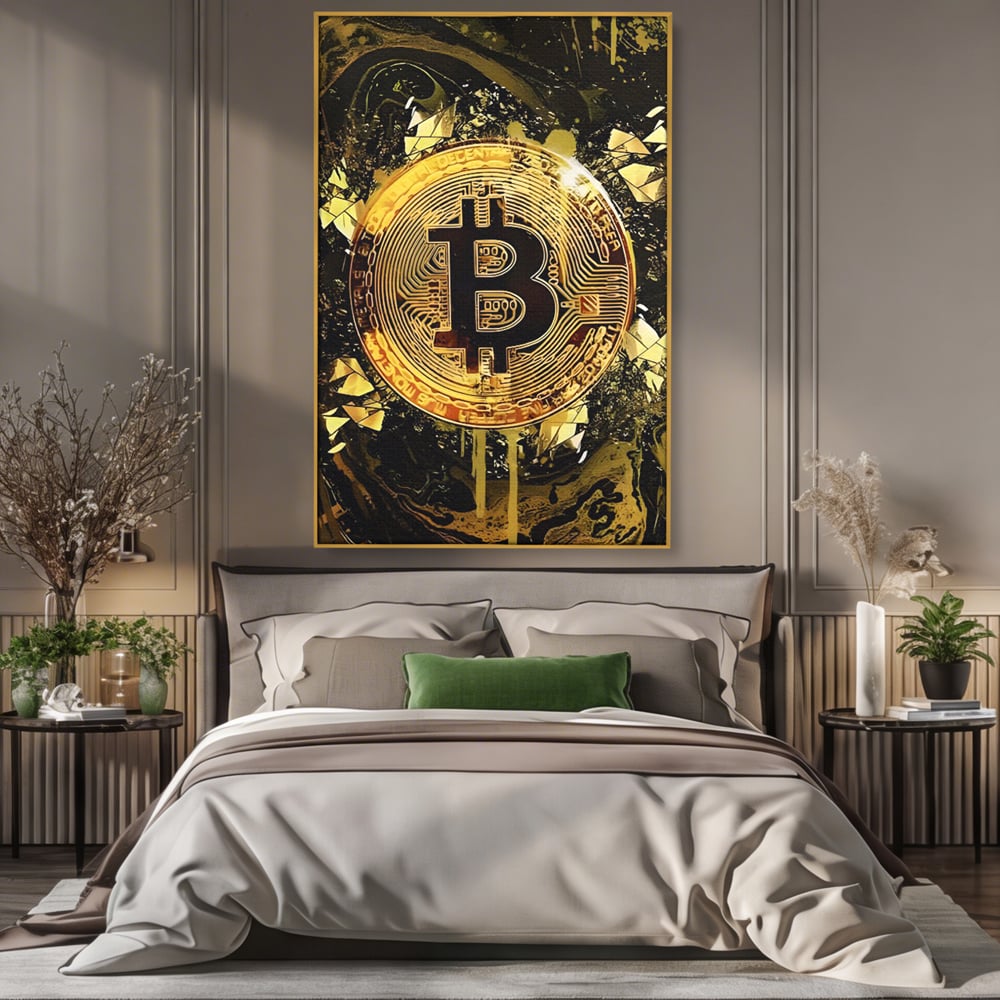 Tablou canvas cu tablou digital cu moneda bitcoin aurie, in rama de aluminiu auriu, pe perete intr-un dormitor