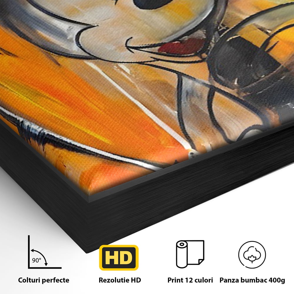 Detaliu al suprafetei: tablou canvas cu mickey mouse, in rama de aluminiu negru