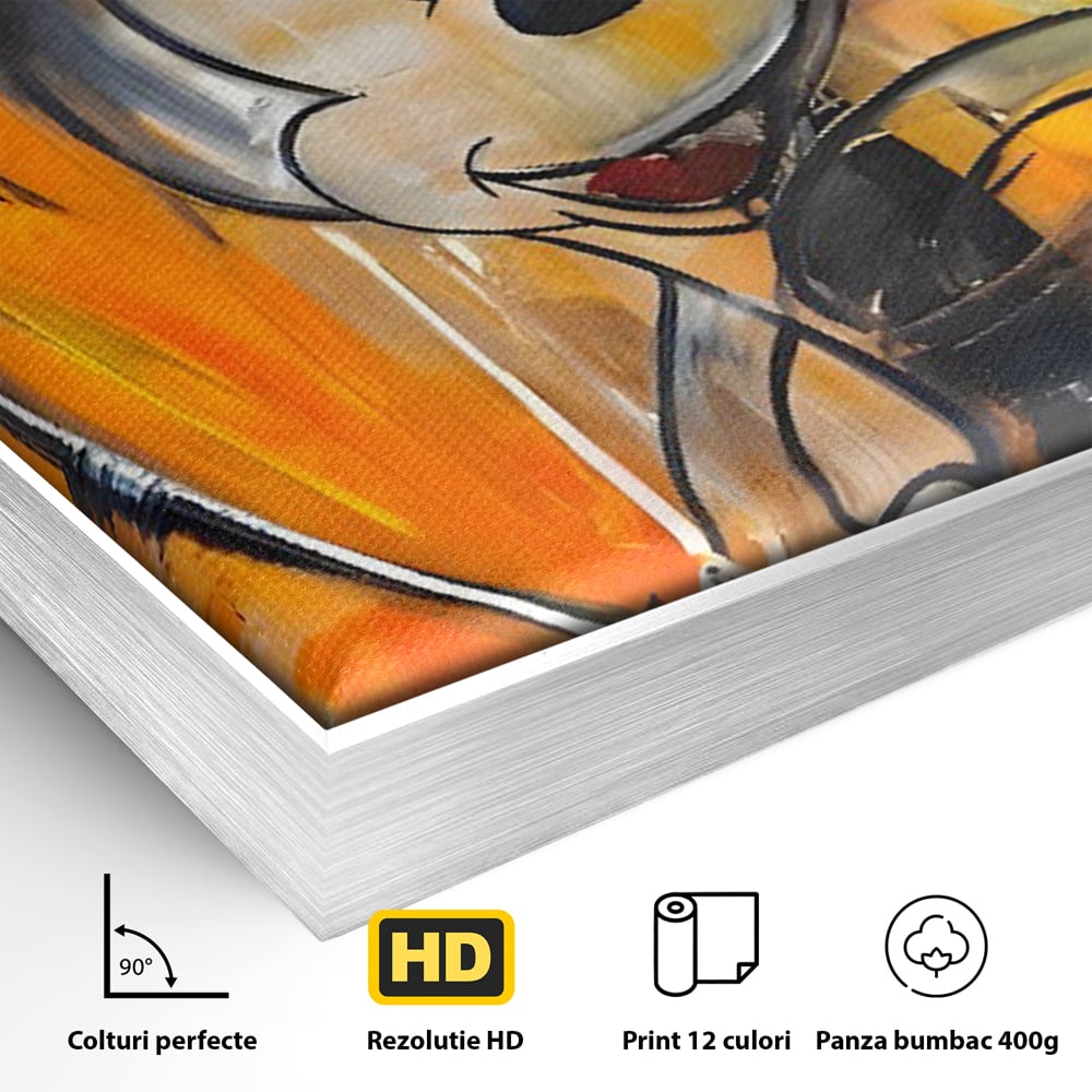Detaliu al suprafetei: tablou canvas cu mickey mouse, in rama de aluminiu argintiu