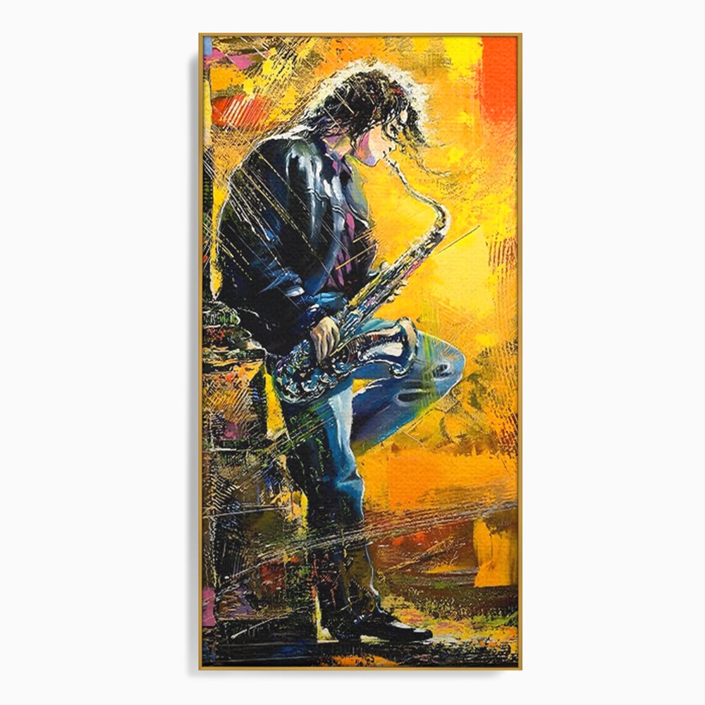 Tablou canvas cu tablou canvas cu muzician cantand la saxofon, in rama de aluminiu auriu