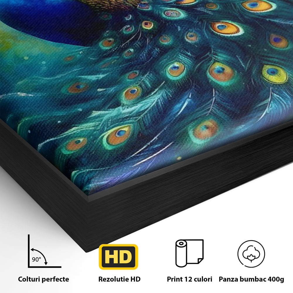 Detaliu al suprafetei: tablou canvas cu paun colorat, in rama de aluminiu negru