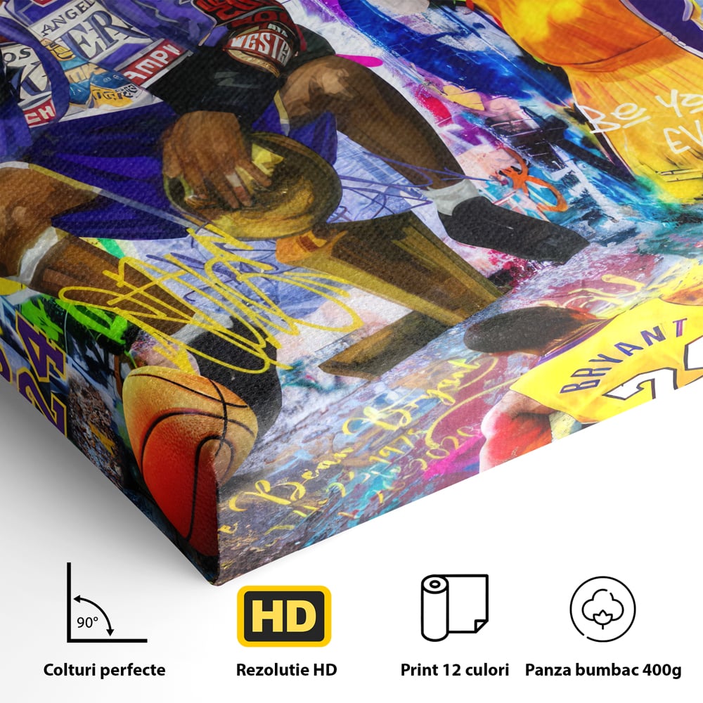 Detaliu al suprafetei: tablou canvas cu kobe bryant si graffiti, fara rama, pe sasiu de lemn