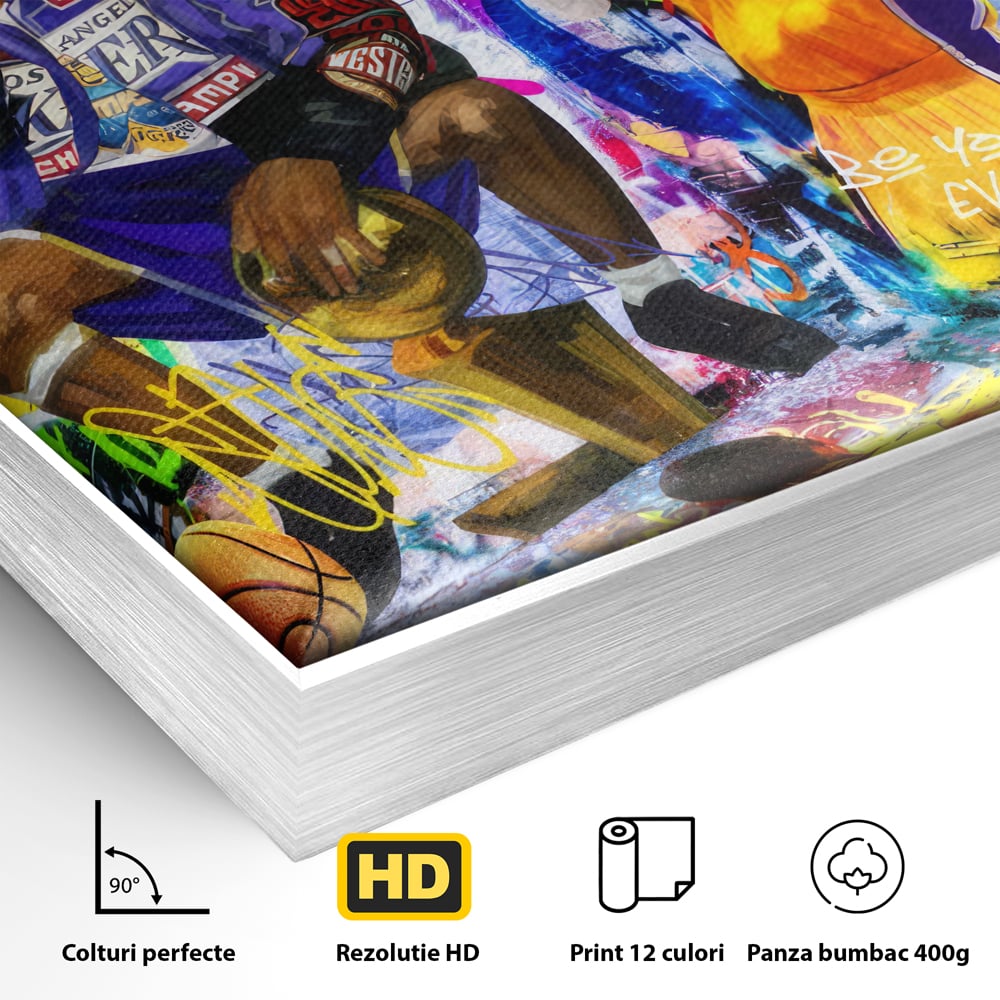 Detaliu al suprafetei: tablou canvas cu kobe bryant si graffiti, in rama de aluminiu argintiu