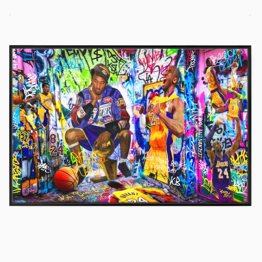 Tablou canvas cu tablou canvas cu kobe bryant si graffiti, in rama de aluminiu negru
