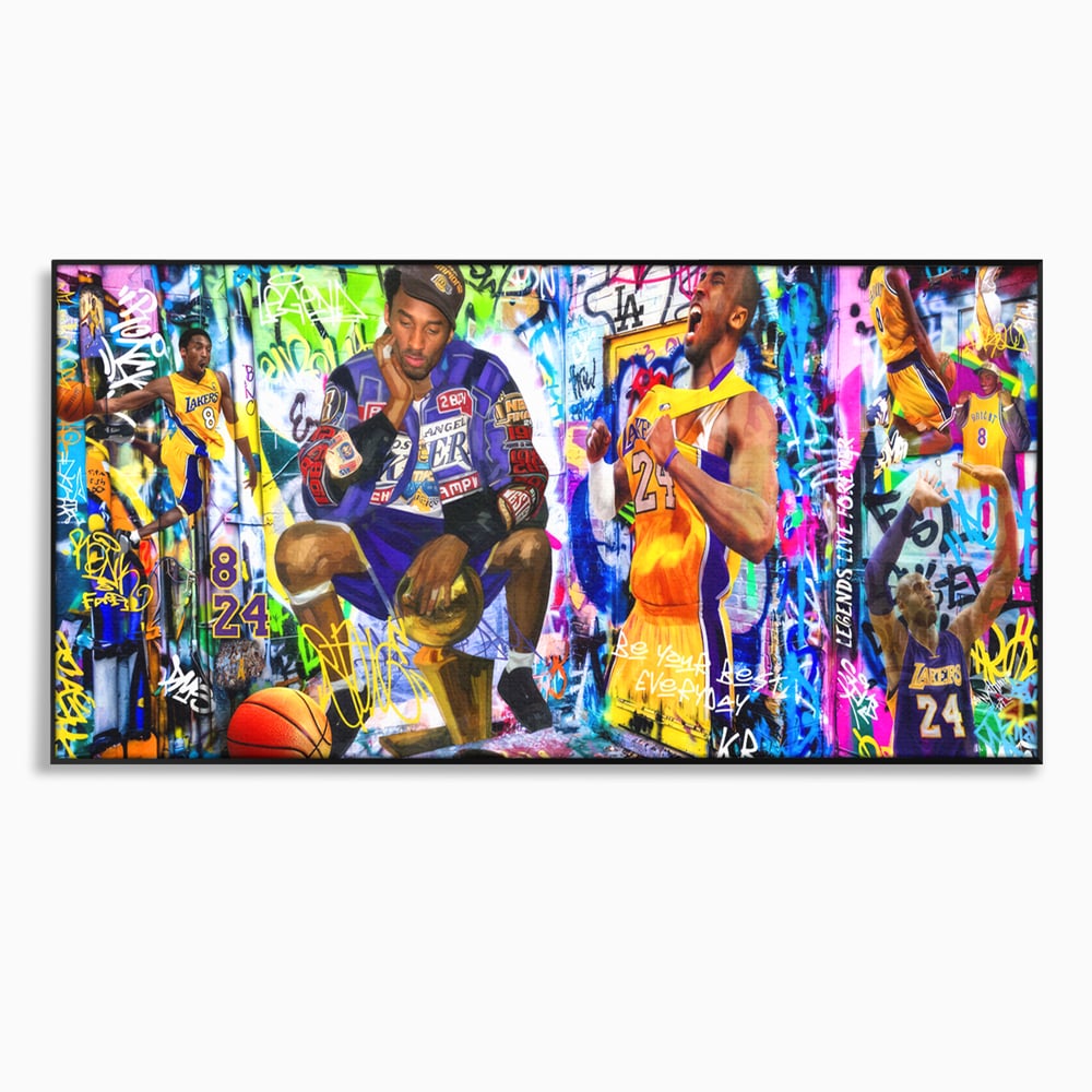 Tablou canvas cu tablou canvas cu kobe bryant si graffiti, in rama de aluminiu negru