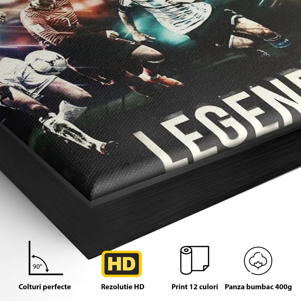 Detaliu al suprafetei: tablou canvas cu legendele fotbalului, in rama de aluminiu negru