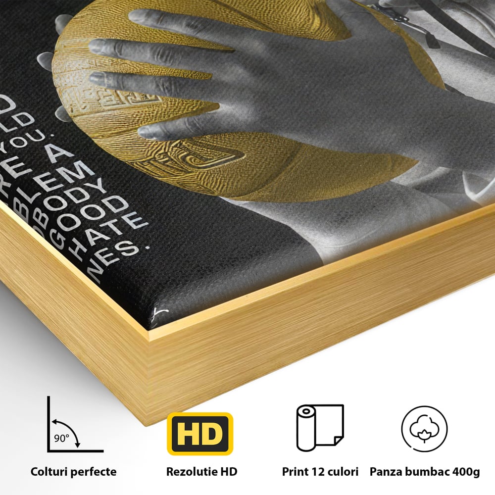 Detaliu al suprafetei: tablou canvas cu kobe bryant si minge aurie, in rama de aluminiu auriu