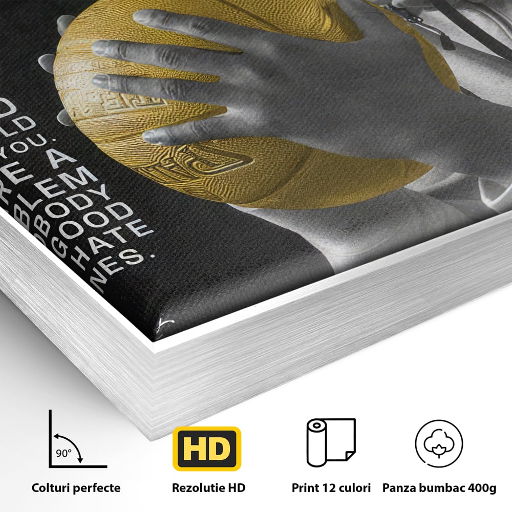 Detaliu al suprafetei: tablou canvas cu kobe bryant si minge aurie, in rama de aluminiu argintiu