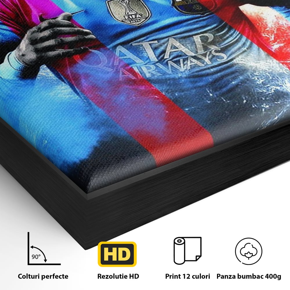 Detaliu al suprafetei: tablou canvas cu fotbalistul neymar, in rama de aluminiu negru