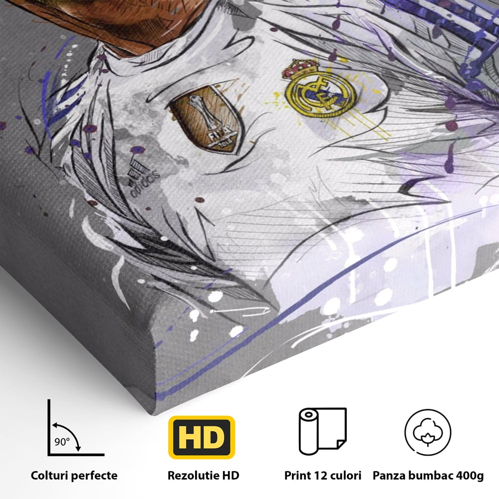 Detaliu al suprafetei: tablou canvas cu cristiano ronaldo in tricoul real madrid, fara rama, pe sasiu de lemn