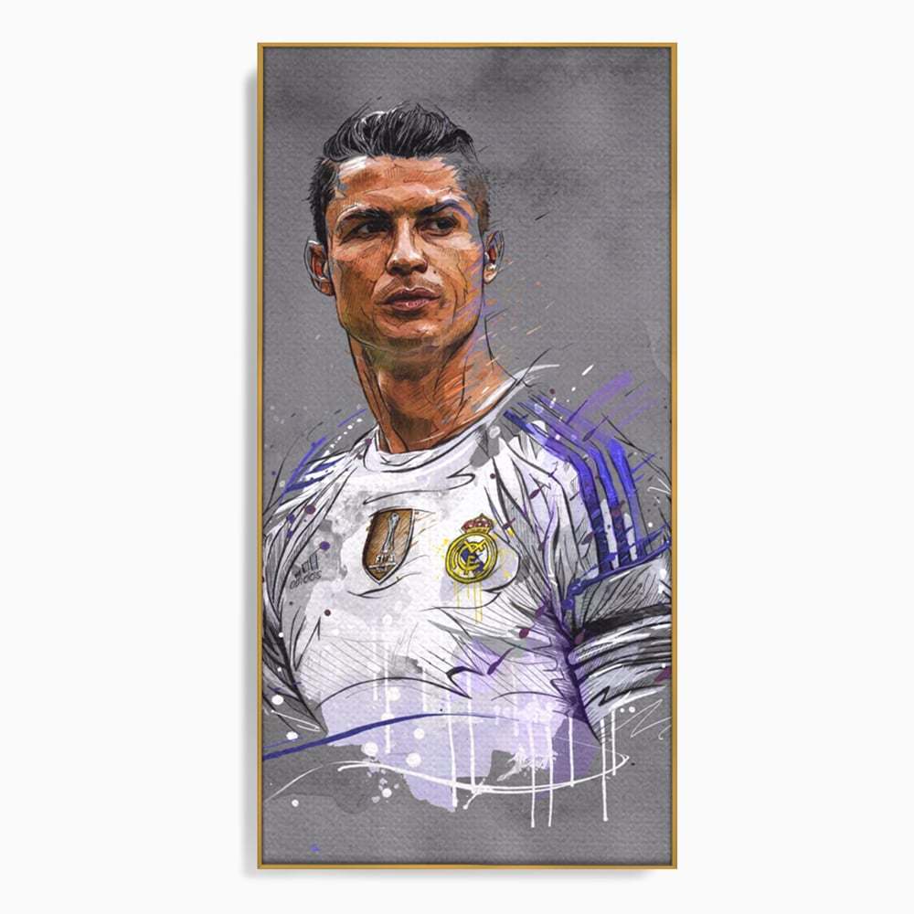Tablou canvas cu tablou canvas cu cristiano ronaldo in tricoul real madrid, in rama de aluminiu auriu