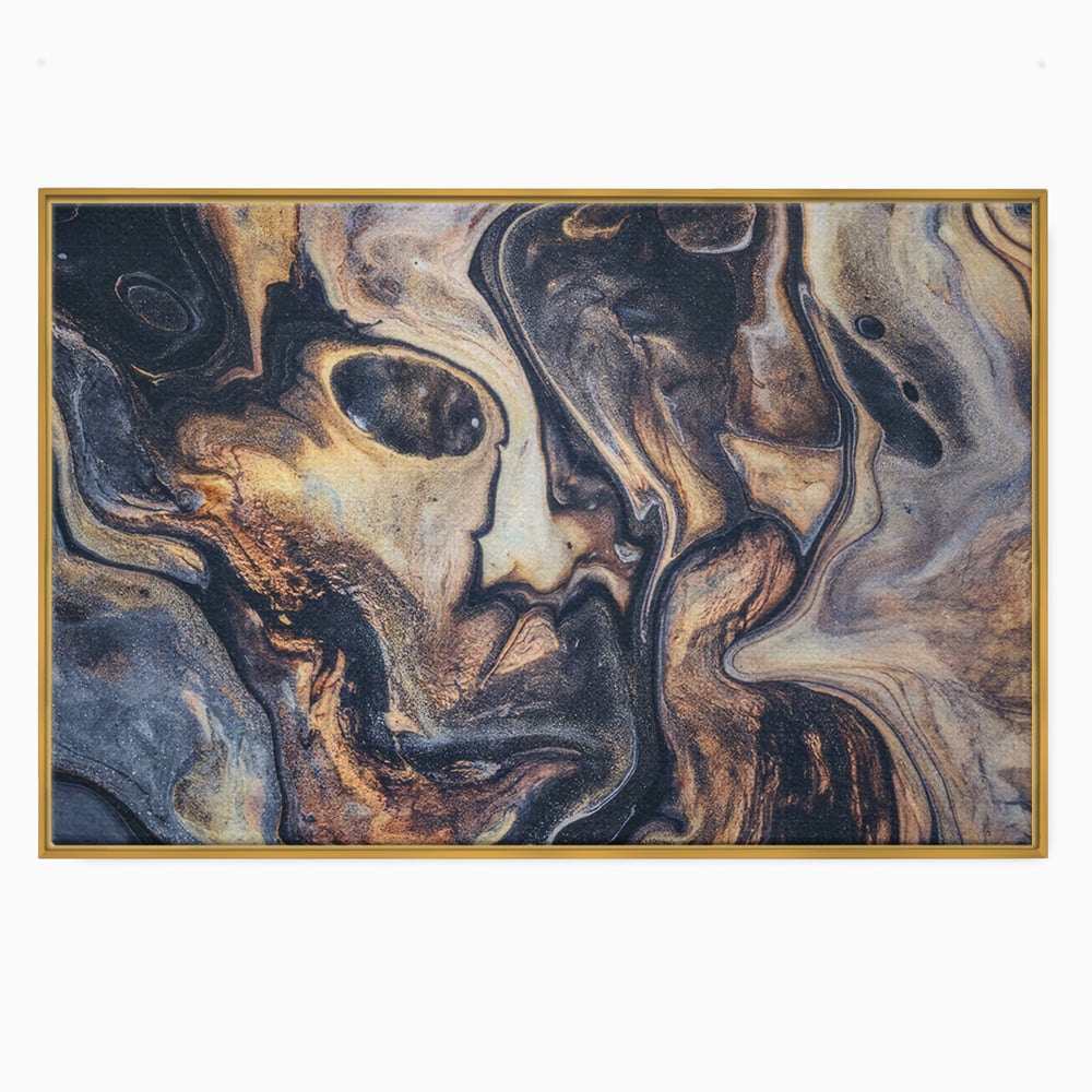 Tablou canvas cu tablou canvas cu pictura abstracta aurie si neagra, in rama de aluminiu auriu