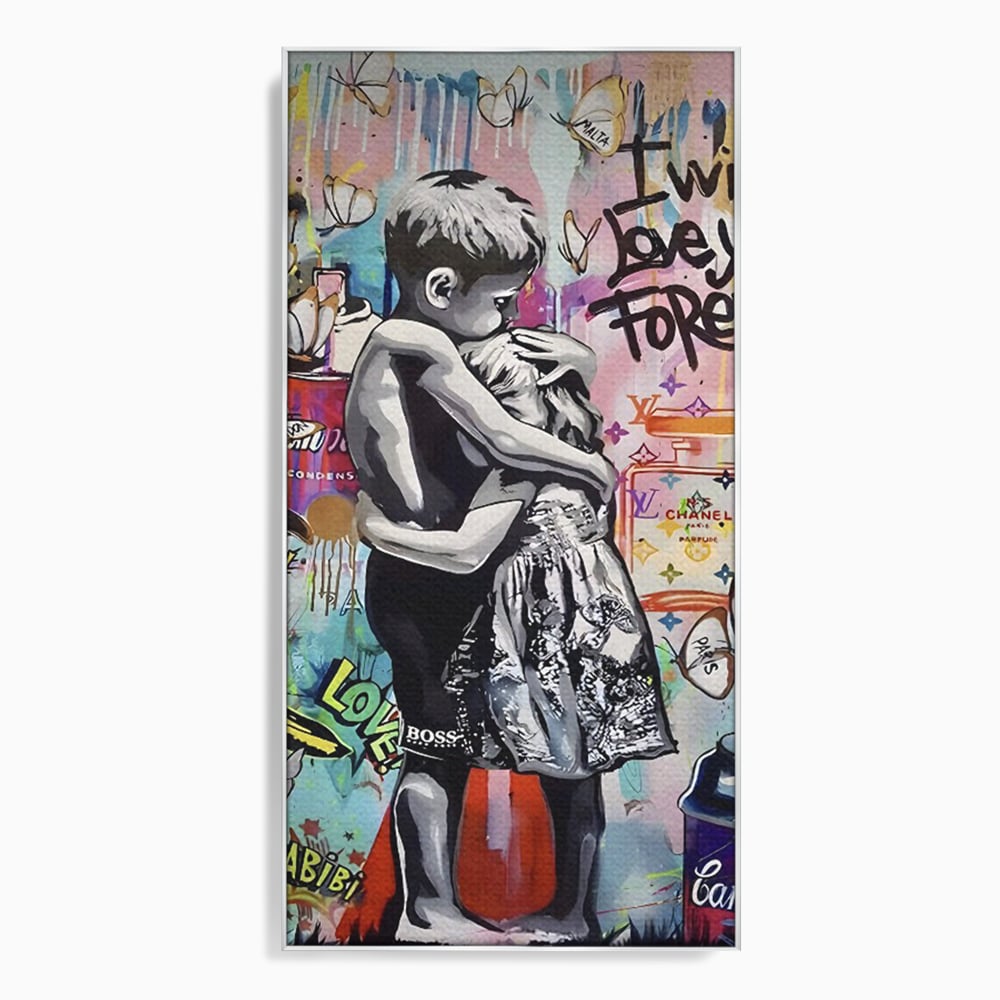 Tablou canvas cu tablou canvas cu doi copii imbratisati, in rama de aluminiu argintiu