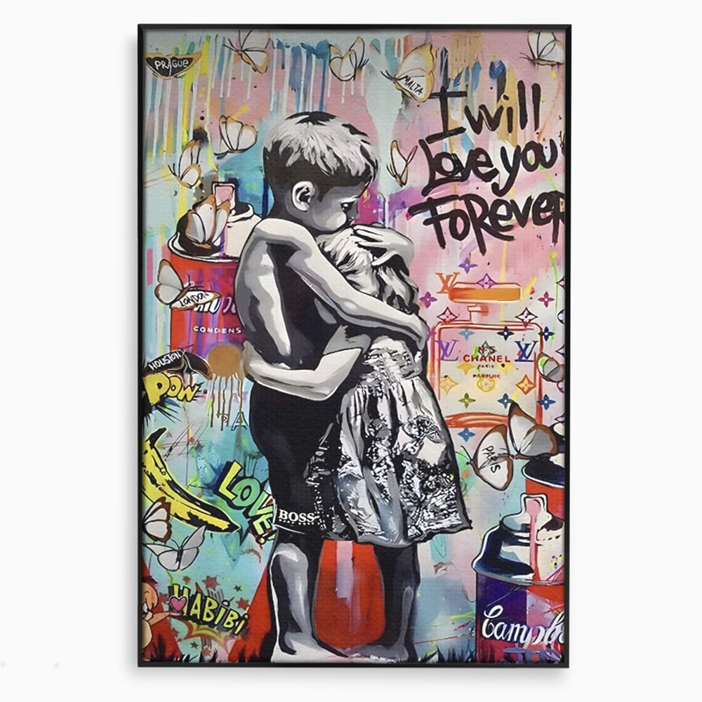 Tablou canvas cu tablou canvas cu doi copii imbratisati, in rama de aluminiu negru