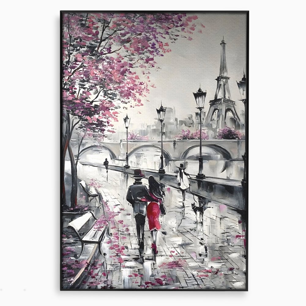 Tablou canvas cu pictura cu cuplu in paris, in rama de aluminiu negru