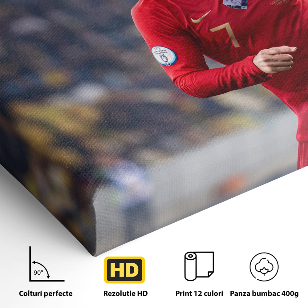 Detaliu al suprafetei: tablou canvas cu cristiano ronaldo, fara rama, pe sasiu de lemn