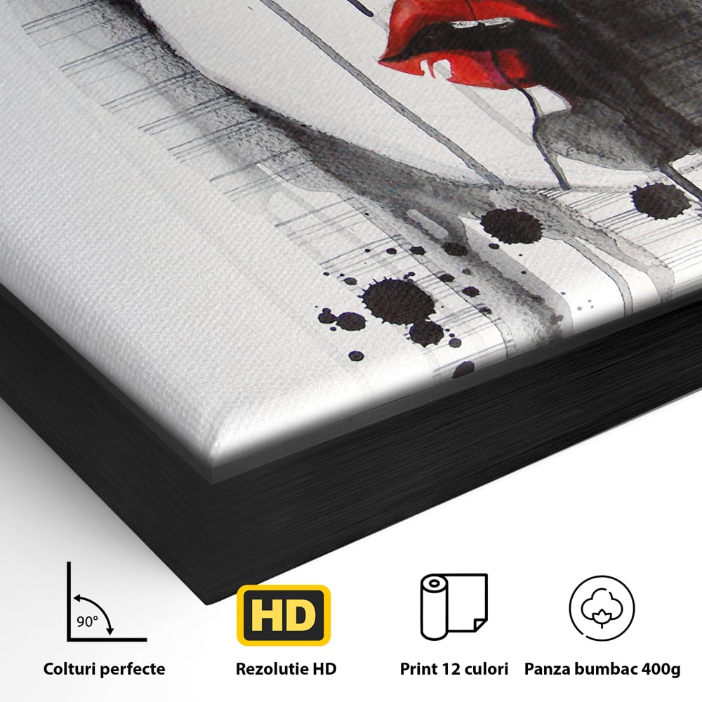 Detaliu al suprafetei: tablou canvas cu chip de femeie si buze rosii, in rama de aluminiu negru