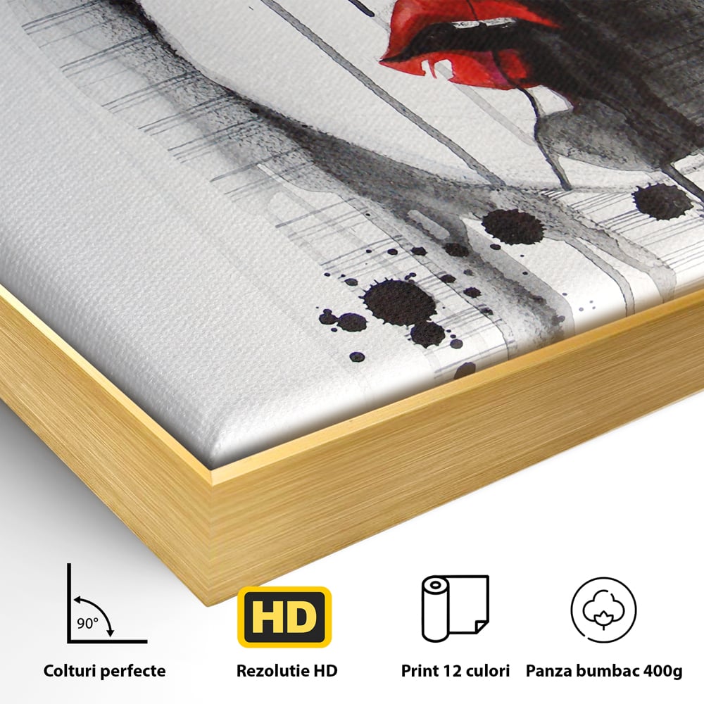 Detaliu al suprafetei: tablou canvas cu chip de femeie si buze rosii, in rama de aluminiu auriu