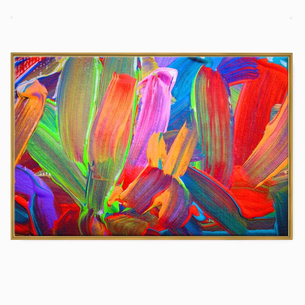 Tablou canvas cu pictura abstracta cu pensule grosiere, in rama de aluminiu auriu