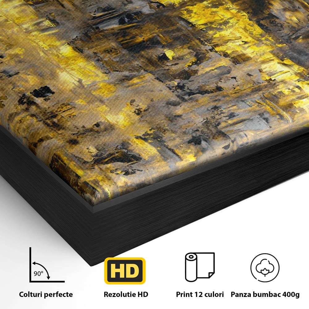 Detaliu al suprafetei: pictura abstracta cu dungi aurii, in rama de aluminiu negru