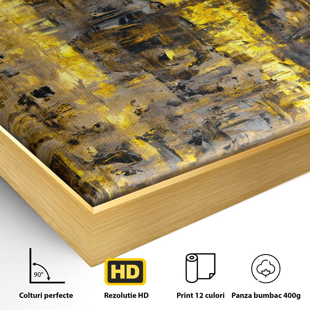 Detaliu al suprafetei: pictura abstracta cu dungi aurii, in rama de aluminiu auriu