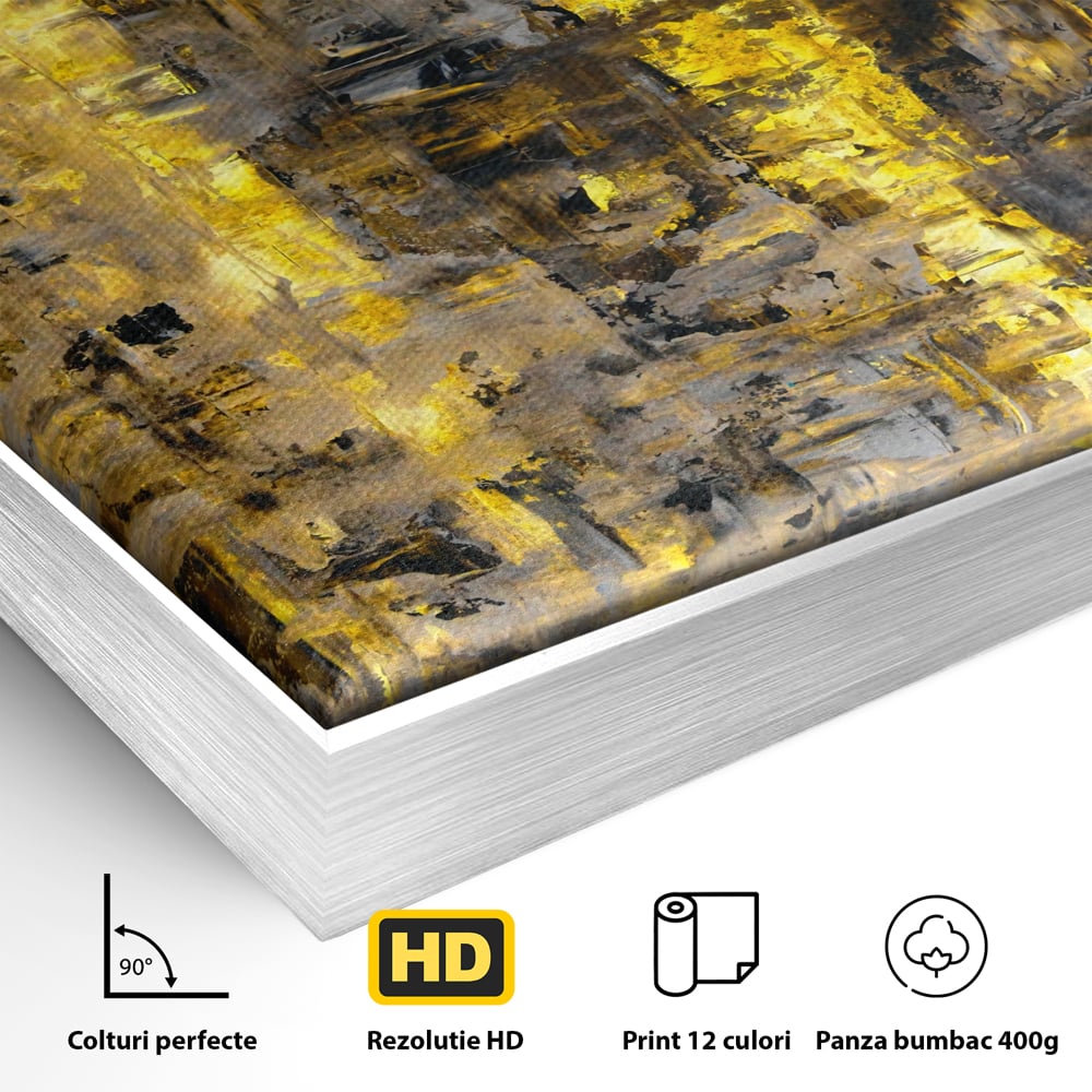 Detaliu al suprafetei: pictura abstracta cu dungi aurii, in rama de aluminiu argintiu