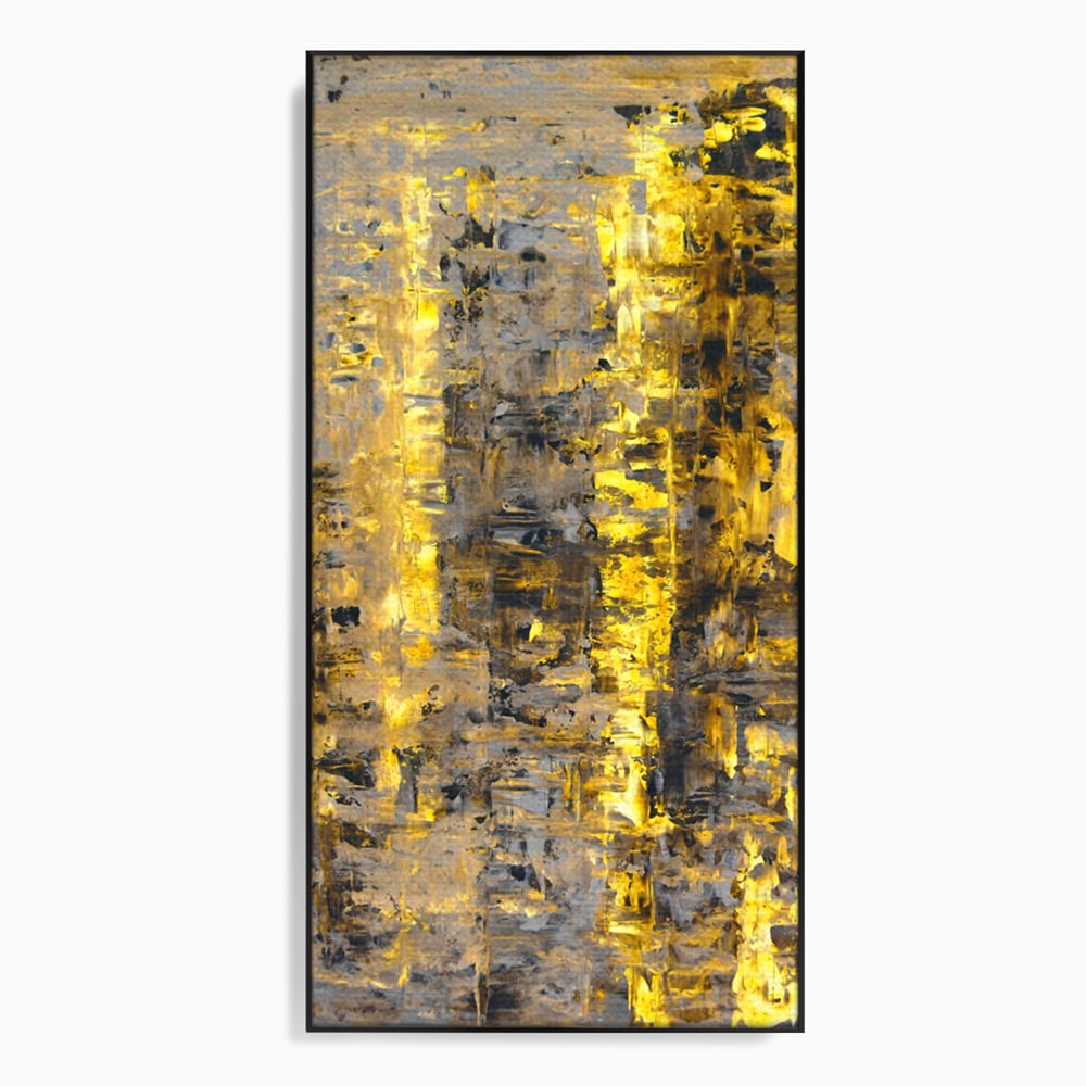 Tablou canvas cu pictura abstracta cu dungi aurii, in rama de aluminiu negru